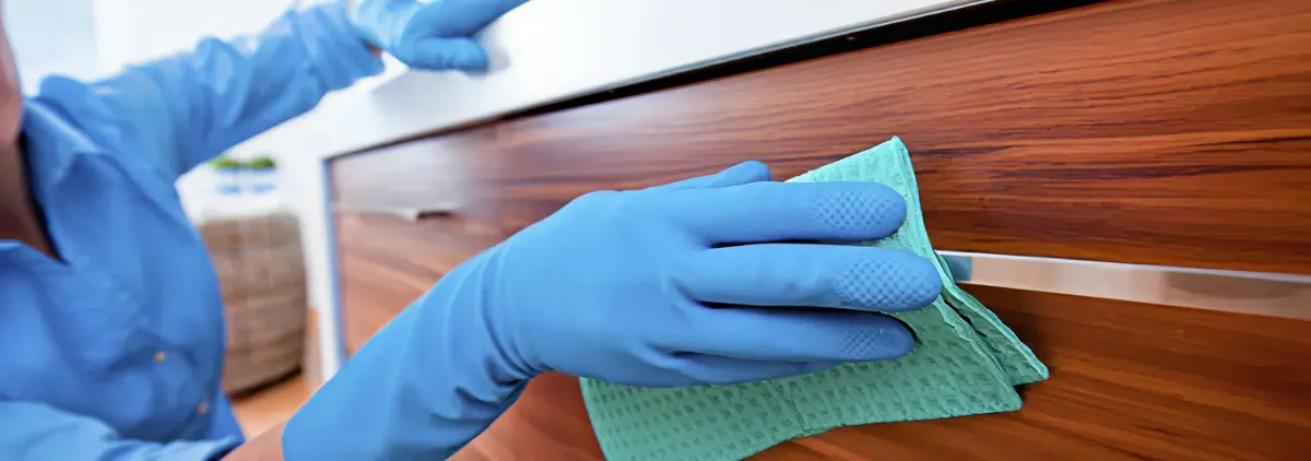 Cleaner wearing blue gloves wiping a wooden cabinet drawer with a microfiber cloth for dust and grime removal, Louisville, KY.