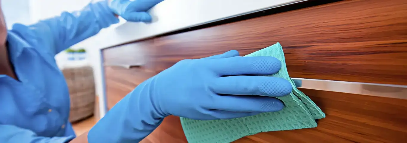 Cleaner wearing blue gloves wiping a wooden cabinet drawer with a microfiber cloth for dust and grime removal, Louisville, KY.