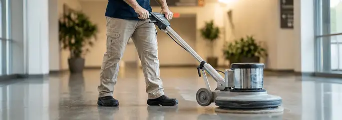 Professional technician using an industrial floor buffer to polish and maintain shiny commercial flooring in a corporate hallway in Louisville, KY.