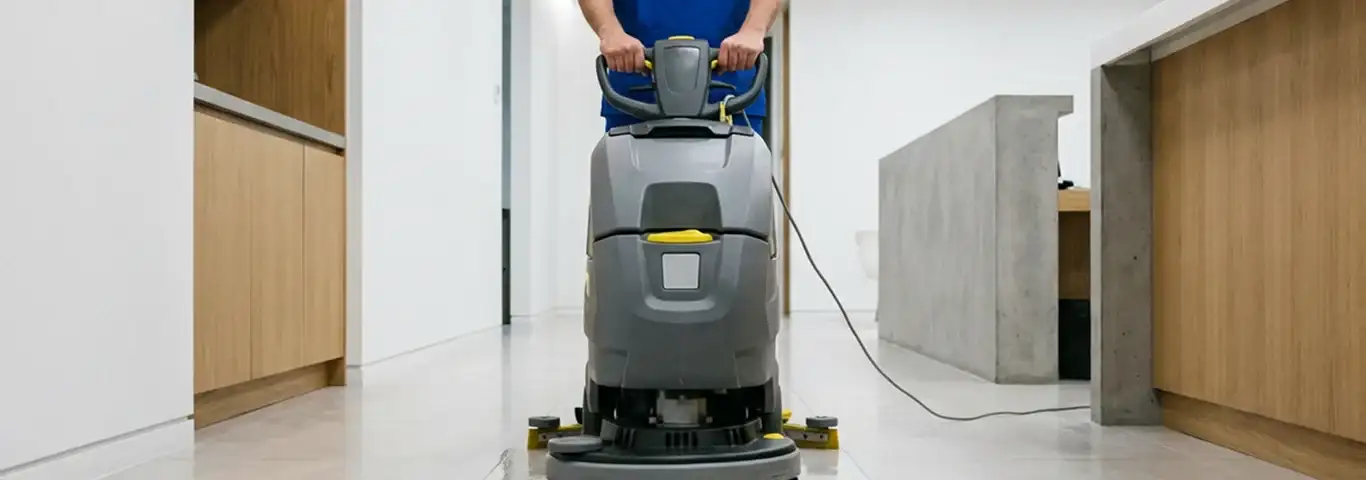 Janitorial staff using a floor scrubber machine to clean a commercial hallway, Louisville, KY.