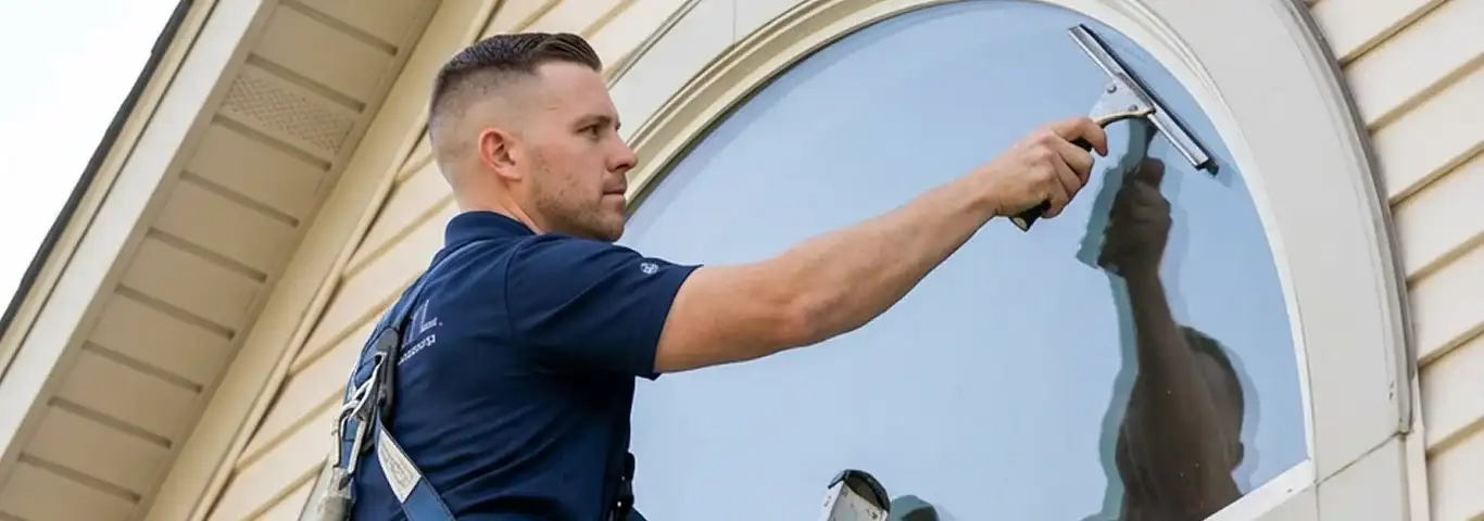 Professional window cleaner using a squeegee to clean an exterior arched window on a home, Louisville, KY.
