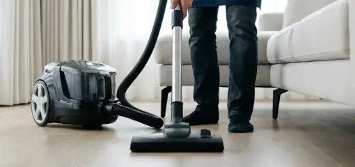 Professional house cleaner vacuuming a living room floor with a canister vacuum cleaner, Louisville, KY.
