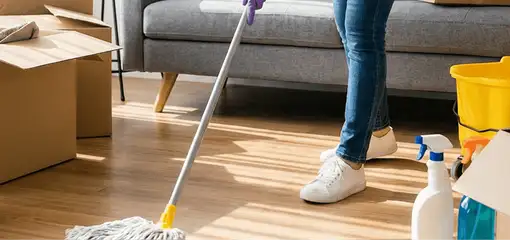 Move-out cleaning setup with a cleaner mopping hardwood floors near moving boxes and cleaning supplies, Louisville, KY.