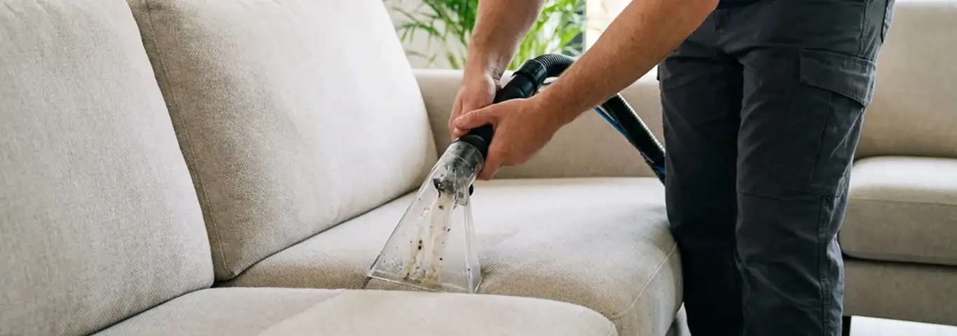Technician extracting dirt and moisture from a fabric sofa with an upholstery cleaning wand, Louisville, KY.