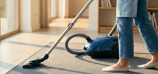 Person vacuuming a living room rug with a canister vacuum cleaner near large windows, Louisville, KY.